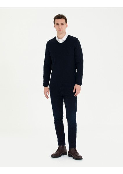 Erkek Lacivert Slim Fit V Yaka Basic Triko Kazak 50276156-VR033 fırsatları