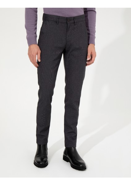 Erkek Koyu Gri Slim Fit Keten Karışımlı Kanvas Pantolon 50259760-VR080