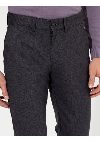 Erkek Koyu Gri Slim Fit Keten Karışımlı Kanvas Pantolon 50259760-VR080