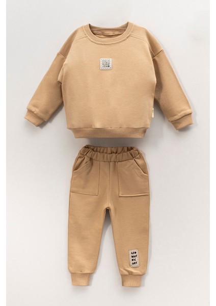 (2-5 Yaş) Geo Art Etiketli Basic Erkek Çocuk takım - Bej