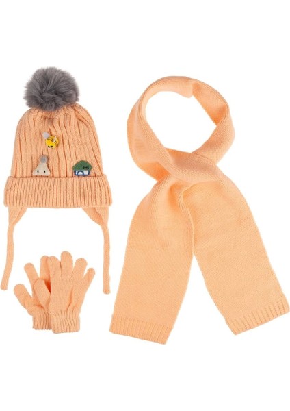 Bebe Kız Atkı Bere Eldiven Takım (1-4 Yaş) K24160-03 Şeftali