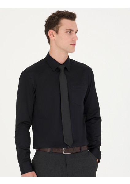 Erkek Siyah Regular Fit Uzun Kollu Basic Gömlek 50277146-VR046