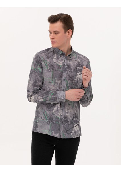 Erkek Gri Slim Fit Uzun Kollu Gömlek 50266599-VR024