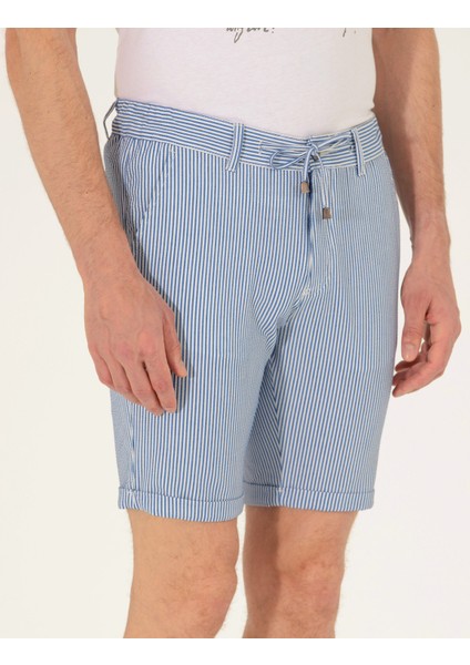 Erkek Koyu Mavi Slim Fit Beli Lastikli Çizgili Bağcıklı Bermuda Şort 50264862-VR032