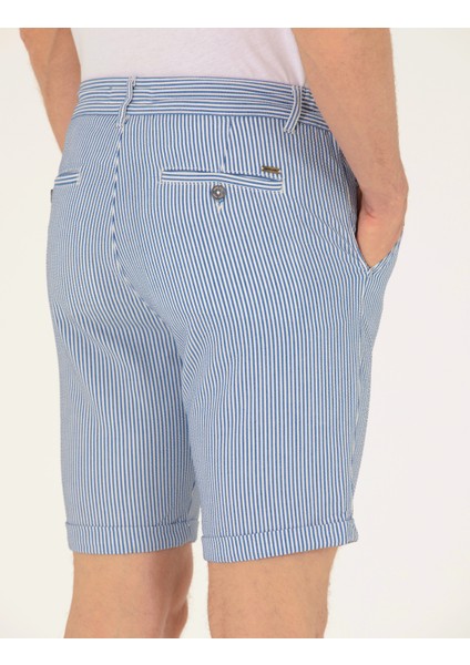 Erkek Koyu Mavi Slim Fit Beli Lastikli Çizgili Bağcıklı Bermuda Şort 50264862-VR032