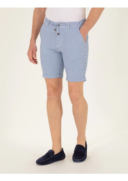 Erkek Koyu Mavi Slim Fit Beli Lastikli Çizgili Bağcıklı Bermuda Şort 50264862-VR032