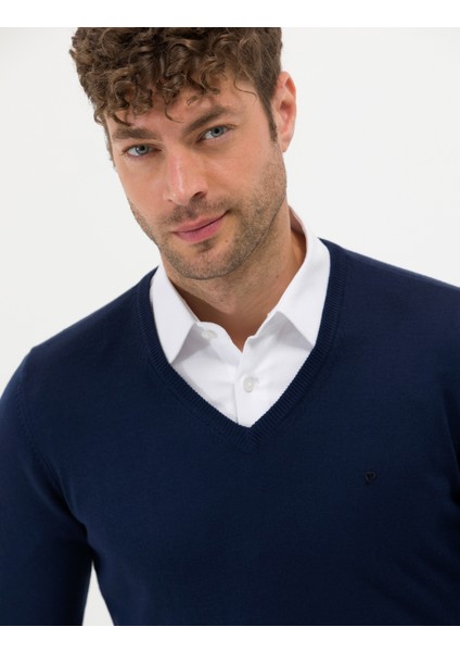 Erkek Açık Lacivert Slim Fit V Yaka Basic Triko Kazak 50276536-VR059 fiyatları