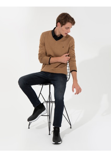 Erkek Camel Melanj Slim Fit V Yaka Basic Triko Kazak 50248554-VR122 modelleri