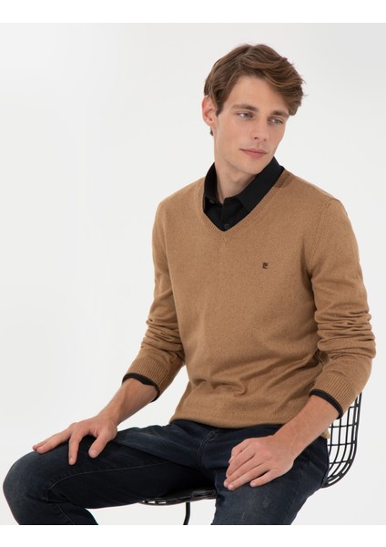 Erkek Camel Melanj Slim Fit V Yaka Basic Triko Kazak 50248554-VR122 indirimleri