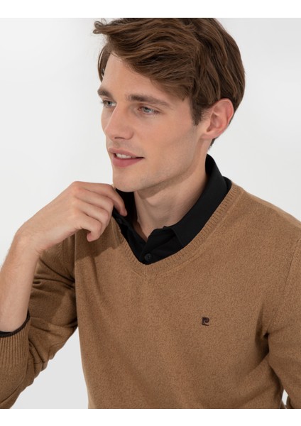 Erkek Camel Melanj Slim Fit V Yaka Basic Triko Kazak 50248554-VR122