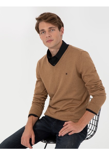 Erkek Camel Melanj Slim Fit V Yaka Basic Triko Kazak 50248554-VR122