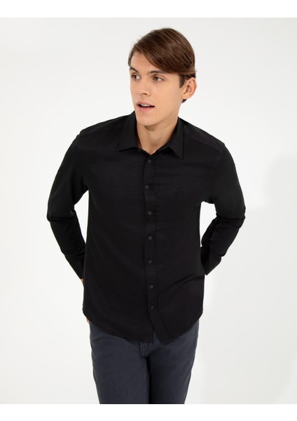 Erkek Siyah Slim Fit Armürlü Klasik Gömlek 50260290-VR046