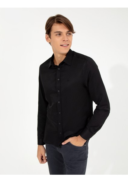 Erkek Siyah Slim Fit Armürlü Klasik Gömlek 50260290-VR046 fiyatları