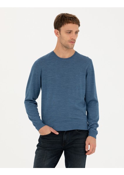 Erkek Mavi Slim Fit Bisiklet Yaka Yün Karışımlı Basic Triko Kazak 50270054-VR036