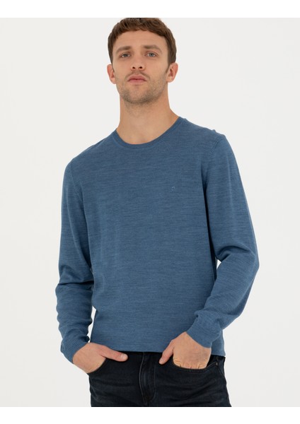 Erkek Mavi Slim Fit Bisiklet Yaka Yün Karışımlı Basic Triko Kazak 50270054-VR036 modelleri