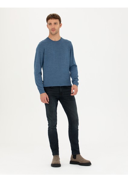 Erkek Mavi Slim Fit Bisiklet Yaka Yün Karışımlı Basic Triko Kazak 50270054-VR036 fırsatları