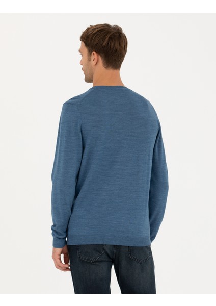 Erkek Mavi Slim Fit Bisiklet Yaka Yün Karışımlı Basic Triko Kazak 50270054-VR036 indirimleri