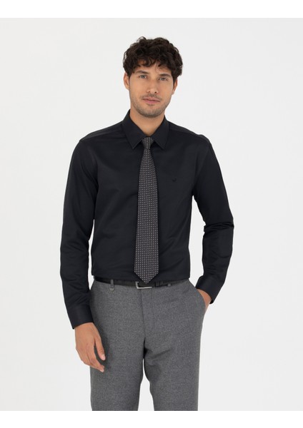 Erkek Siyah Slim Fit Uzun Kollu Basic Gömlek 50277778-VR046