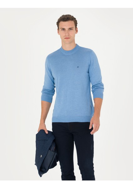 Erkek Mavi Melanj Slim Fit Çeyrek Yaka Basic Triko Kazak 50276534-VR113