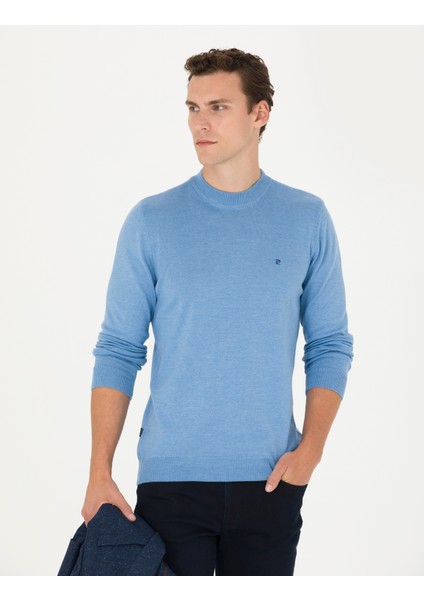 Erkek Mavi Melanj Slim Fit Çeyrek Yaka Basic Triko Kazak 50276534-VR113 modelleri