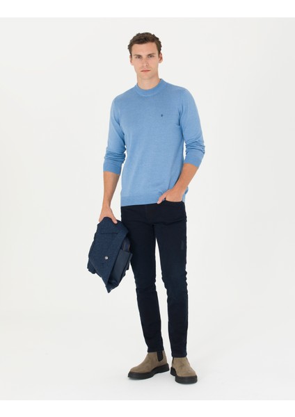 Erkek Mavi Melanj Slim Fit Çeyrek Yaka Basic Triko Kazak 50276534-VR113 fırsatları