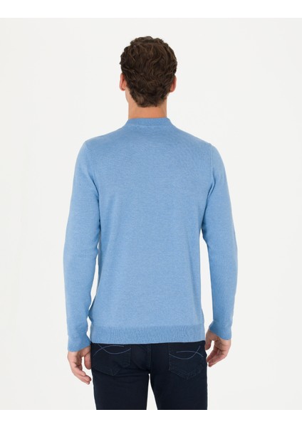 Erkek Mavi Melanj Slim Fit Çeyrek Yaka Basic Triko Kazak 50276534-VR113 indirimleri