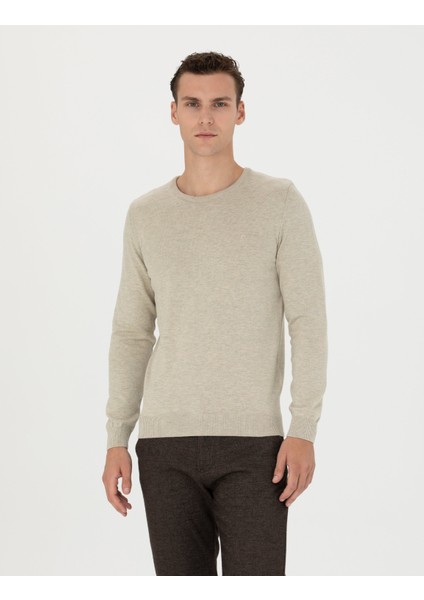 Erkek Kum Melanj Slim Fit Bisiklet Yaka Basic Triko Kazak 50270179-VR123