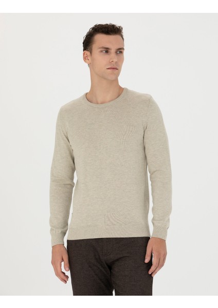 Erkek Kum Melanj Slim Fit Bisiklet Yaka Basic Triko Kazak 50270179-VR123 modelleri