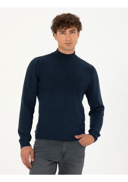 Erkek Lacivert Melanj Slim Fit Yarım Balıkçı Yaka Triko Kazak 50281846-VR120