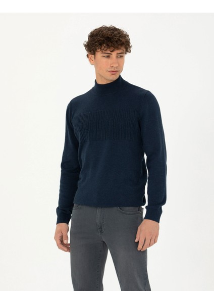 Erkek Lacivert Melanj Slim Fit Yarım Balıkçı Yaka Triko Kazak 50281846-VR120 modelleri