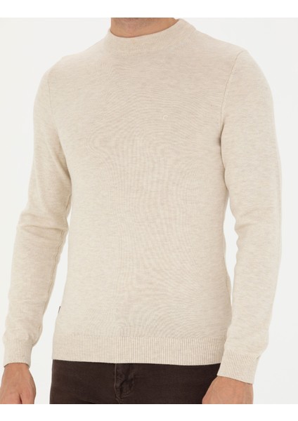 Erkek Krem Melanj Slim Fit Yarım Balıkçı Yaka Basic Triko Kazak 50276158-VR159