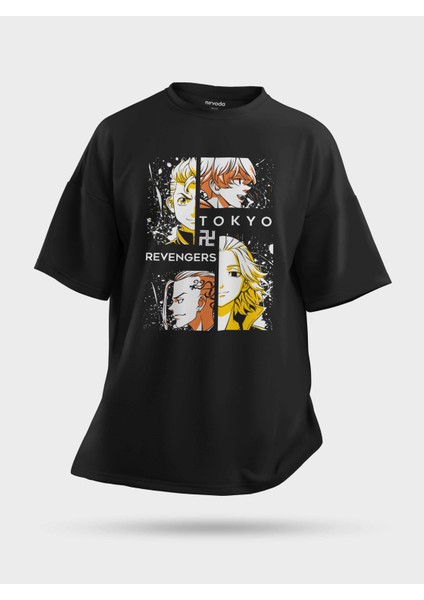 Oversize Tokyo Revengers Anime Karakterler Baskılı Unisex Siyah Tişört