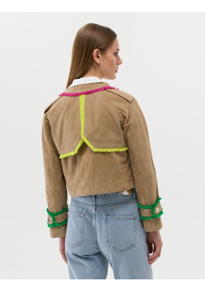 Kadın Krem Crop Top Deri Ceket 50263168-VR071