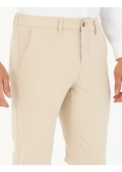 Erkek Bej Slim Fit Kanvas Çizgili Pantolon 50291518-VR011