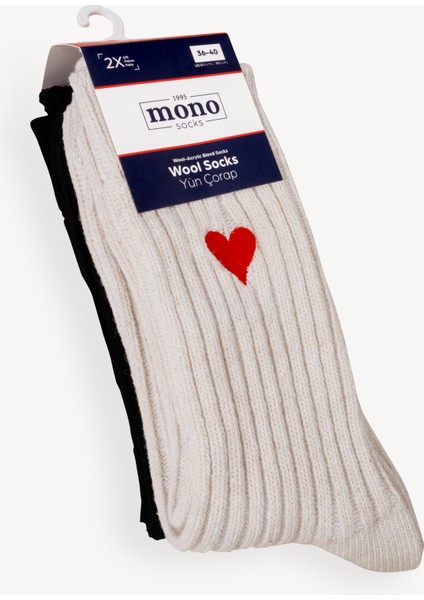 Mono Socks 2'li Kalp Nakışlı Kalın Kışlık Yünlü Çorap