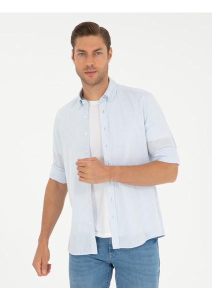 Erkek Açık Mavi Keten Karışımlı Regular Fit Uzun Kollu Gömlek 50289413-VR095