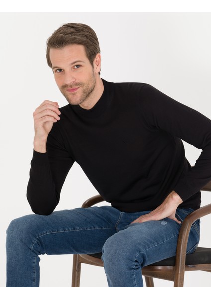 Erkek Siyah Slim Fit Çeyrek Yaka Yün Karışımlı Basic Triko Kazak 50257311-VR046 fiyatları