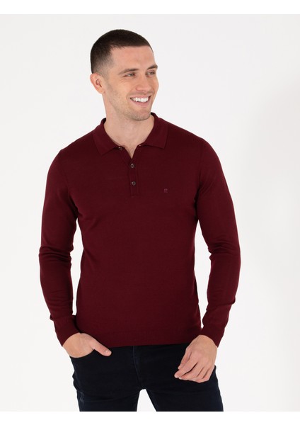 Erkek Kırmızı Slim Fit Polo Yaka Yün Karışımlı Basic Triko Kazak 50257322-VR030