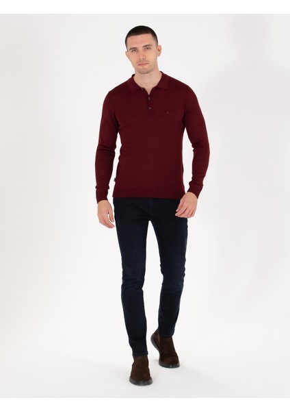 Erkek Kırmızı Slim Fit Polo Yaka Yün Karışımlı Basic Triko Kazak 50257322-VR030 fırsatları