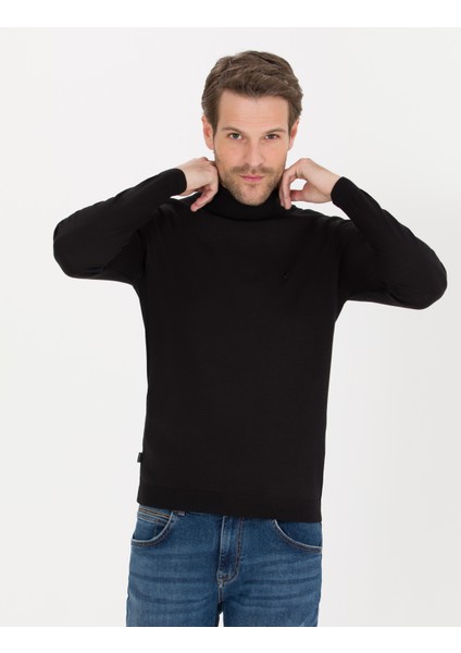 Erkek Siyah Slim Fit Balıkçı Yaka Yün Karışımlı Basic Triko Kazak 50257302-VR046