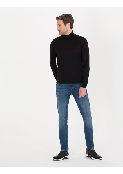 Erkek Siyah Slim Fit Balıkçı Yaka Yün Karışımlı Basic Triko Kazak 50257302-VR046