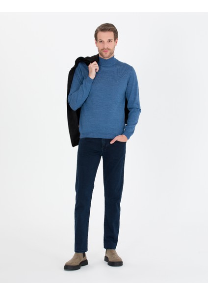 Erkek Mavi Slim Fit Yarım Balıkçı Yaka Yün Karışımlı Basic Triko Kazak 50257313-VR036