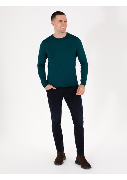 Erkek Yeşil Slim Fit Bisiklet Yaka Yün Karışımlı Basic Triko Kazak 50257301-VR054