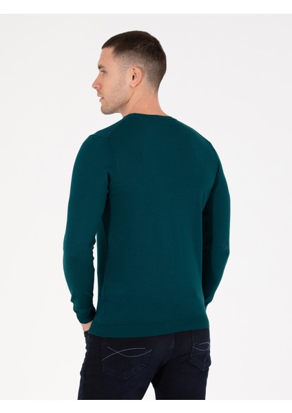 Erkek Yeşil Slim Fit Bisiklet Yaka Yün Karışımlı Basic Triko Kazak 50257301-VR054