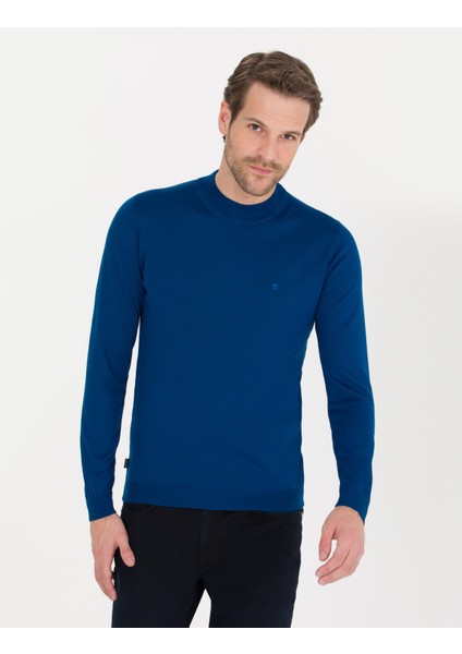 Erkek İndigo Slim Fit Bato Yaka Yün Karışımlı Basic Triko Kazak 50257311-VR106