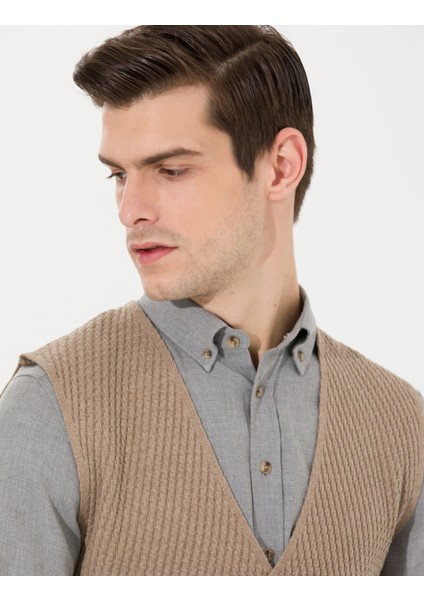 Erkek Vizon Melanj Slim Fit Triko Yelek 50265360-VR174