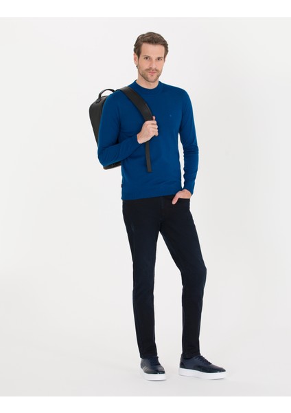 Erkek İndigo Slim Fit Bato Yaka Yün Karışımlı Basic Triko Kazak 50257311-VR106