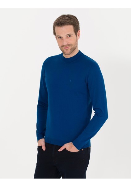Erkek İndigo Slim Fit Bato Yaka Yün Karışımlı Basic Triko Kazak 50257311-VR106