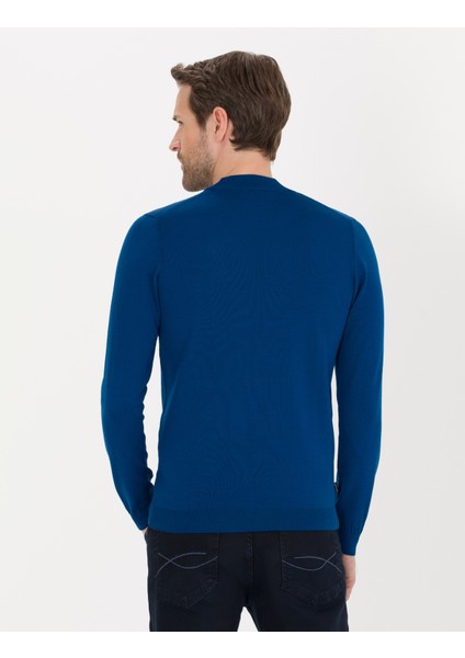 Erkek İndigo Slim Fit Bato Yaka Yün Karışımlı Basic Triko Kazak 50257311-VR106