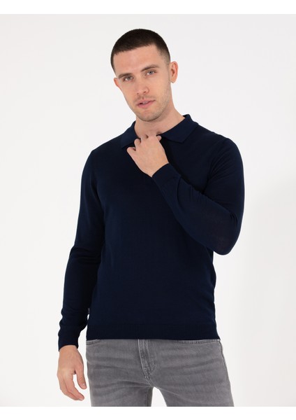 Erkek Lacivert Slim Fit Polo Yaka Yün Karışımlı Basic Triko Kazak 50257322-VR033